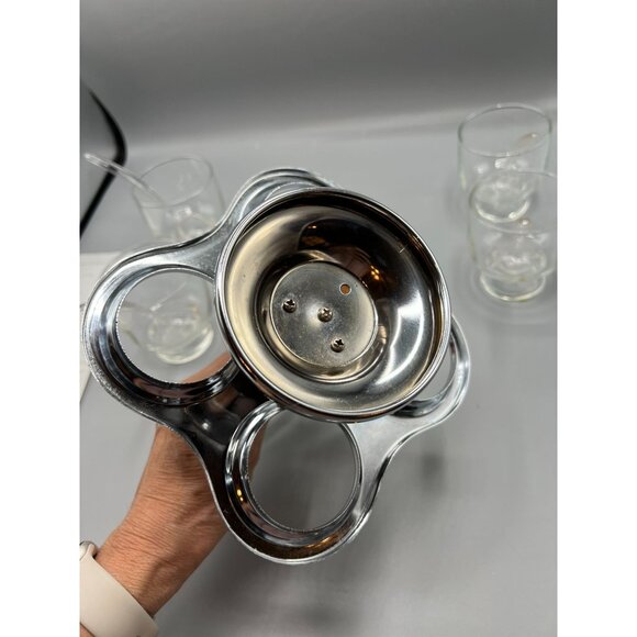 Vtg Chrome & Teak Lazy Susan Carousel Condiment Server w/ 4 Glass Bowls & Spoons - Picture 5 of 10